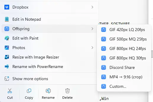 Windows right-click menu showing Offspring's preset submenu over a video file