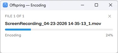 Offspring's small encoding progress window showing a file being converted