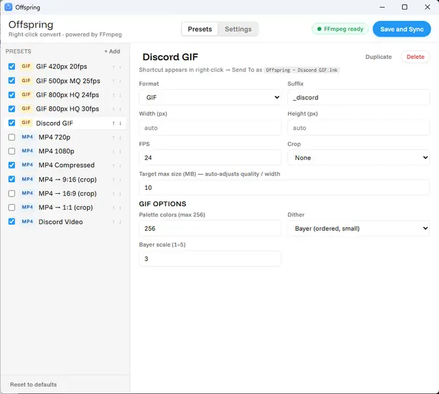Offspring's main window showing the preset list and GIF settings